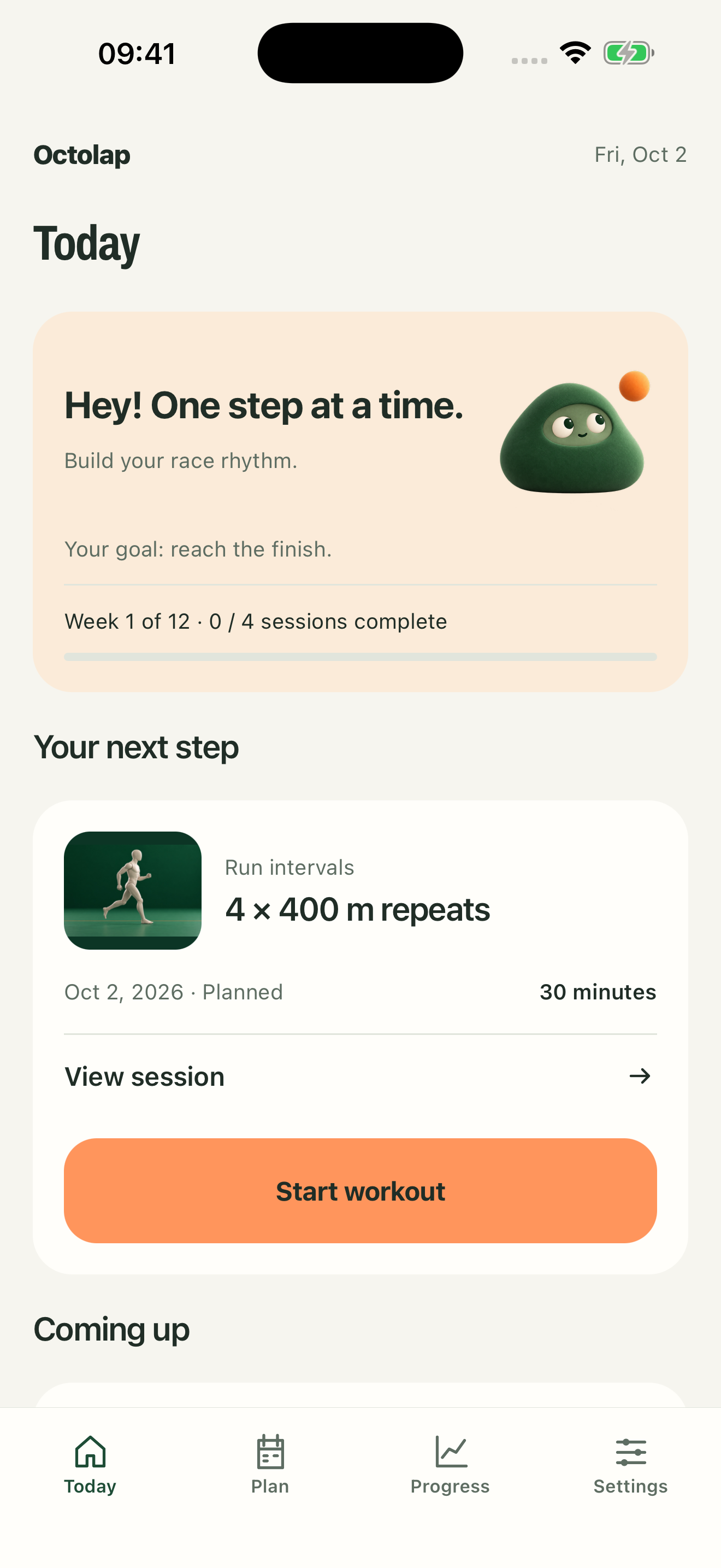 Octolap Today screen with a suggested workout and weekly plan